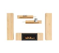 Composition murale FLY - Chêne clair - Meuble TV, vitrines, étagères - Cheminée bio-éthanol intégrée
