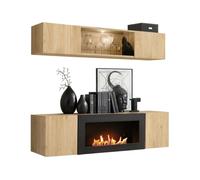 Composition murale FLY - Chêne clair - Vitrine horizontale partiellement vitrée et meuble TV avec cheminée bio-éthanol