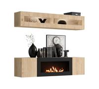 Composition murale FLY - Chêne clair - Vitrine horizontale vitrée et meuble TV avec cheminée bio-éthanol