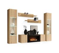 Composition murale FLY - Chêne clair - Vitrines partiellement vitrées LED, étagères et meuble TV avec cheminée bio-éthanol