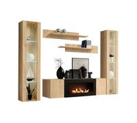 Composition murale FLY - Chêne clair - Vitrines vitrées, étagères et meuble TV avec cheminée bio-éthanol