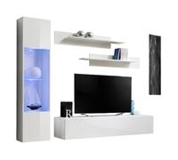 Composition murale FLY G3 - Blanc brillant - Meuble TV suspendu avec colonne vitrée LED et étagères - Design moderne