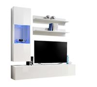Composition murale FLY H3 - Blanc brillant - Meuble TV suspendu avec colonne vitrée LED et étagères - Design moderne