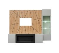 Composition murale IXAR géométrique - Meuble TV, vitrine suspendue, panneaux muraux et cheminée bio-éthanol