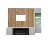 Composition murale IXAR - Meuble TV, vitrine suspendue, panneaux muraux et cheminée bio-éthanol