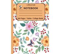 Composition Notebook College Ruled: Beautiful Flowers and Green Leaves With Butterflies Seamless Pattern For Girls, Teens, Women