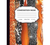 Composition Notebook: Orange & Black Glitter Glam: 7.5 x 9.25 Standard Size College Ruled Lined Paper for Students, Fall, and Office Notes