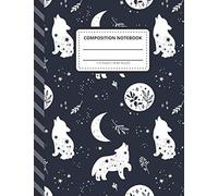 Composition Notebook: Wolf Howling At Full Moon Night Sky - Folk Art Pattern / Wide Ruled Notebook Paper For Kids / Large Writing Journal For Homework - Notes - Doodles - Homeschool / Back To School F