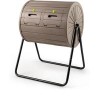 Composteur de Jardin à Tambour 142 L COSTWAY, 2 Chambres, 2 Portes Verrouillables, Bac à Compost Rotatif à 360°, sans BPA, Café