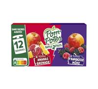 Compotes Battle2Fruits pomme ananas grenade, framboise mûre sans sucres ajoutés POM'POTES - les 12 gourdes de 90g Lot De 3 - Par Lot