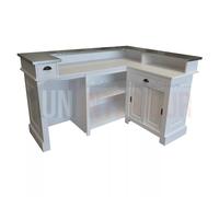 Comptoir de bar d'angle en pin massif 180cm x 140cm avec espace frigo, retour à droite - Chester : Finition - Blanc, Plateau - Zinc brossé acier