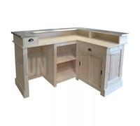 Comptoir de bar d'angle en pin massif 180cm x 140cm avec espace frigo, retour à droite - Chester : Finition - Pin naturel brut, Plateau - Chêne massif naturel
