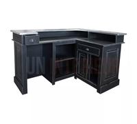 Comptoir de bar d'angle en pin massif 180cm x 140cm avec espace frigo, retour à droite - Chester : Finition - Noir, Plateau - Zinc brossé acier