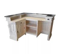 Comptoir de bar d'angle en pin massif 180cm x 140cm avec espace Frigo, retour à gauche - Chester : Finition - Pin naturel brut, Plateau - Chêne massif naturel