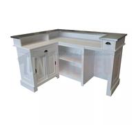 Comptoir de bar d'angle en pin massif 180cm x 140cm avec espace Frigo, retour à gauche - Chester : Finition - Blanc, Plateau - Zinc brossé acier