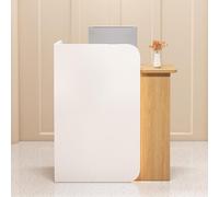 Comptoir de réception moderne en forme de L avec étagères ouvertes et tiroirs élégants pour magasins de proximité et espaces de vente au détail