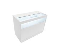 Comptoir de Vente en MDF Blanc LED Blancs Intégrés B1200 3 Étagères Portes Coulissantes Verouillables Rangement Commerciale Vitrine en Verre Acceuil Réception Bureau Vêtements Bijoux [2 Clés INCLUS]
