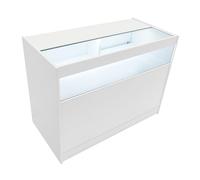 Comptoir de Vente en MDF Blanc LED Blancs Intégrés B1200 3 Étagères Portes Coulissantes Verouillables Rangement Commerciale Vitrine en Verre Acceuil Réception Bureau Vêtements Bijoux [2 Clés INCLUS]