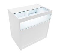 Comptoir de Vente en MDF Blanc LED Blancs Intégrés B900 3 Étagères Portes Coulissantes Verouillables Rangement Commerciale Vitrine en Verre Acceuil Réception Bureau Vêtements Bijoux [2 Clés INCLUS]