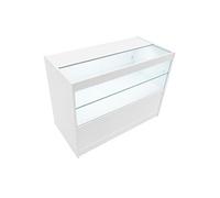 Comptoir de Vente en MDF Blanc LED Blancs Intégrés C1200 3 Etagères Portes Coulissantes Verouillables Rangement Commerciale Vitrine en Verre Acceuil