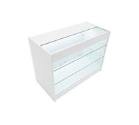Comptoir de Vente en MDF Blanc LED Blancs Intégrés K1200 3 Étagères Portes Coulissantes Verouillables Rangement Commerciale Vitrine en Verre Acceuil Réception Bureau Vêtements Bijoux [2 Clés Inclus]