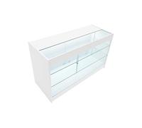 Comptoir de Vente en MDF Blanc LED Blancs Intégrés K1500 3 Étagères Portes Coulissantes Verouillables Rangement Commerciale Vitrine en Verre Acceuil Réception Bureau Vêtements Bijoux [2 Clés INCLUS]