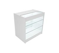 Comptoir de Vente en MDF Blanc LED Blancs Intégrés K900 3 Etagères Portes Coulissantes Verouillables Rangement Commerciale Vitrine en Verre Acceuil