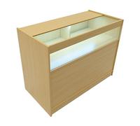 Comptoir de Vente en MDF Érable LED Blancs Intégrés B1200 3 Étagères Portes Coulissantes Verouillables Rangement Commerciale Vitrine en Verre Acceuil Réception Bureau Vêtements Bijoux [2 Clés INCLUS]