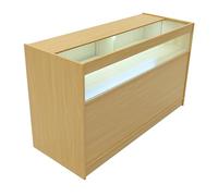 Comptoir de Vente en MDF Érable LED Blancs Intégrés B1500 3 Étagères Portes Coulissantes Verouillables Rangement Commerciale Vitrine en Verre Acceuil Réception Bureau Vêtements Bijoux [2 Clés Inclus]