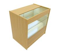 Comptoir de Vente en MDF Érable LED Blancs Intégrés C900 3 Étagères Portes Coulissantes Verouillables Rangement Commerciale Vitrine en Verre Acceuil Réception Bureau Vêtements Bijoux [2 Clés INCLUS]