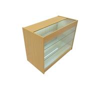 Comptoir de Vente en MDF Erable LED Blancs Intégrés K1200 3 Etagères Portes Coulissantes Verouillables Rangement Commerciale Vitrine en Verre Acceuil