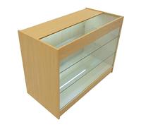 Comptoir de Vente en MDF Érable LED Blancs Intégrés K1200 3 Étagères Portes Coulissantes Verouillables Rangement Commerciale Vitrine en Verre Acceuil Réception Bureau Vêtements Bijoux [2 Clés Inclus]