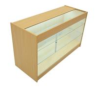 Comptoir de Vente en MDF Érable LED Blancs Intégrés K1500 3 Étagères Portes Coulissantes Verouillables Rangement Commerciale Vitrine en Verre Acceuil Réception Bureau Vêtements Bijoux [2 Clés INCLUS]