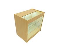Comptoir de Vente en MDF Erable LED Blancs Intégrés K900 3 Etagères Portes Coulissantes Verouillables Rangement Commerciale Vitrine en Verre Acceuil
