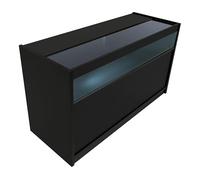 Comptoir de Vente en MDF Noir LED Blancs Intégrés B1500 3 Étagères Portes Coulissantes Verouillables Rangement Commerciale Vitrine en Verre Acceuil Réception Bureau Vêtements Bijoux [2 Clés Inclus]