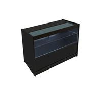 Comptoir de Vente en MDF Noir LED Blancs Intégrés C1200 3 Étagères Portes Coulissantes Verouillables Rangement Commerciale Vitrine en Verre Acceuil Réception Bureau Vêtements Bijoux [2 Clés INCLUS]