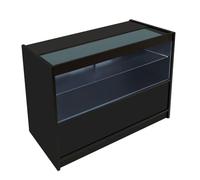 Comptoir de Vente en MDF Noir LED Blancs Intégrés C1200 3 Étagères Portes Coulissantes Verouillables Rangement Commerciale Vitrine en Verre Acceuil Réception Bureau Vêtements Bijoux [2 Clés INCLUS]