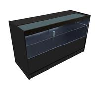 Comptoir de Vente en MDF Noir LED Blancs Intégrés C1500 3 Étagères Portes Coulissantes Verouillables Rangement Commerciale Vitrine en Verre Acceuil Réception Bureau Vêtements Bijoux [2 Clés INCLUS]