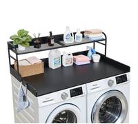 Comptoir pour Lave Linge et Sèche Linge avec Étagère Plateau en Bois avec Rebord et 2 Crochets Noir 137x69 9 cm