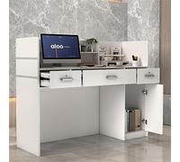 comptoir réception, comptoir de réception, bureau d'accueil Table avec 3 tiroirs et étagères pour halls d'entreprises, réceptions d'hôtels, magasins de vêtements, blanc 120cm L x 48cm P x 110cm H
