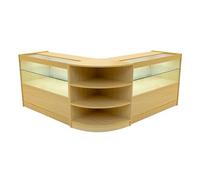 Comptoirs de Vente en MDF Érable à LED Blancs Ensemble Andromeda LM60 C1200 3 Unités de Rangement Étagères Internes Portes Coulissantes Verouillables Réception Bureau Vêtements Bijoux [Clés INCLUS]