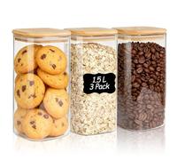 ComSaf Bocaux en verre avec couvercles 1,5 L, lot de 3 pour la cuisine | Rangement cuisine, Couvercles en bambou, Gros biscuits, Friandises pour animaux, Sable décoratif, Verre borosilicaté