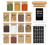 ComSaf Pots à Épices Avec Étiquettes 180 Ml 16 Pièces, Pot à Épices Carrés Avec Couvercle, Bocaux en Verre Hermétiques, Salière, Sucrier, Paprika Doux, Rangement et Organisation de Cuisine