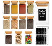 ComSaf Pots à Épices Avec Étiquettes 240 Ml 12 Pièces, Bocaux à Épices Carrés Avec Couvercle en Bois Verre, Bocaux en Verre, Pot a Epices Pour Cuisine