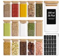 ComSaf Pots à Épices Avec Étiquettes 300 Ml 16 Pièces, Bocaux en Verre Carrés Avec Couvercle en Bois Verre, Bocaux Hermétiques, Pour Sel, Poivre, Cannelle, Ail, Rangement Epices Cuisine