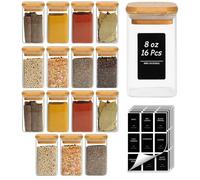 ComSaf Pots à épices en verre 240 ml, lot de 16 avec couvercles | Rangement épices cuisine, Couvercles en bambou, Herbes de Provence, Gros sel, Origan, Tiroir et placard