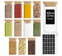ComSaf Pots à épices en verre 300 ml, lot de 12 avec couvercles | Rangement épices cuisine, Couvercles en bambou, Gros sel, Herbes, Thé, Tiroir et placard
