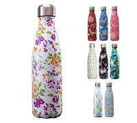 COMVIP 500ml Bouteille d'eau Sport Gourde Inox Isotherme Sans BPA Impression A: Blanc-Fleurs