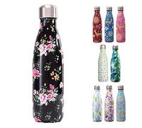 COMVIP 500ml Bouteille d'eau Sport Gourde INOX Isotherme sans BPA Impression D: Noir-Fleurs