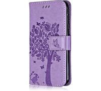 Conber Coque Pour Moto E7, Etui En Cuir Pu Portefeuille, Antichoc Flip Case Housse Retro Emboss Serie De Chat Et Darbre Pour Moto E7 - Lavande